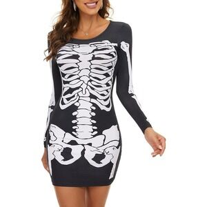 Ovokcina Women's Halloween Costume Skeleton Stretchy Short Mini Dress Lg